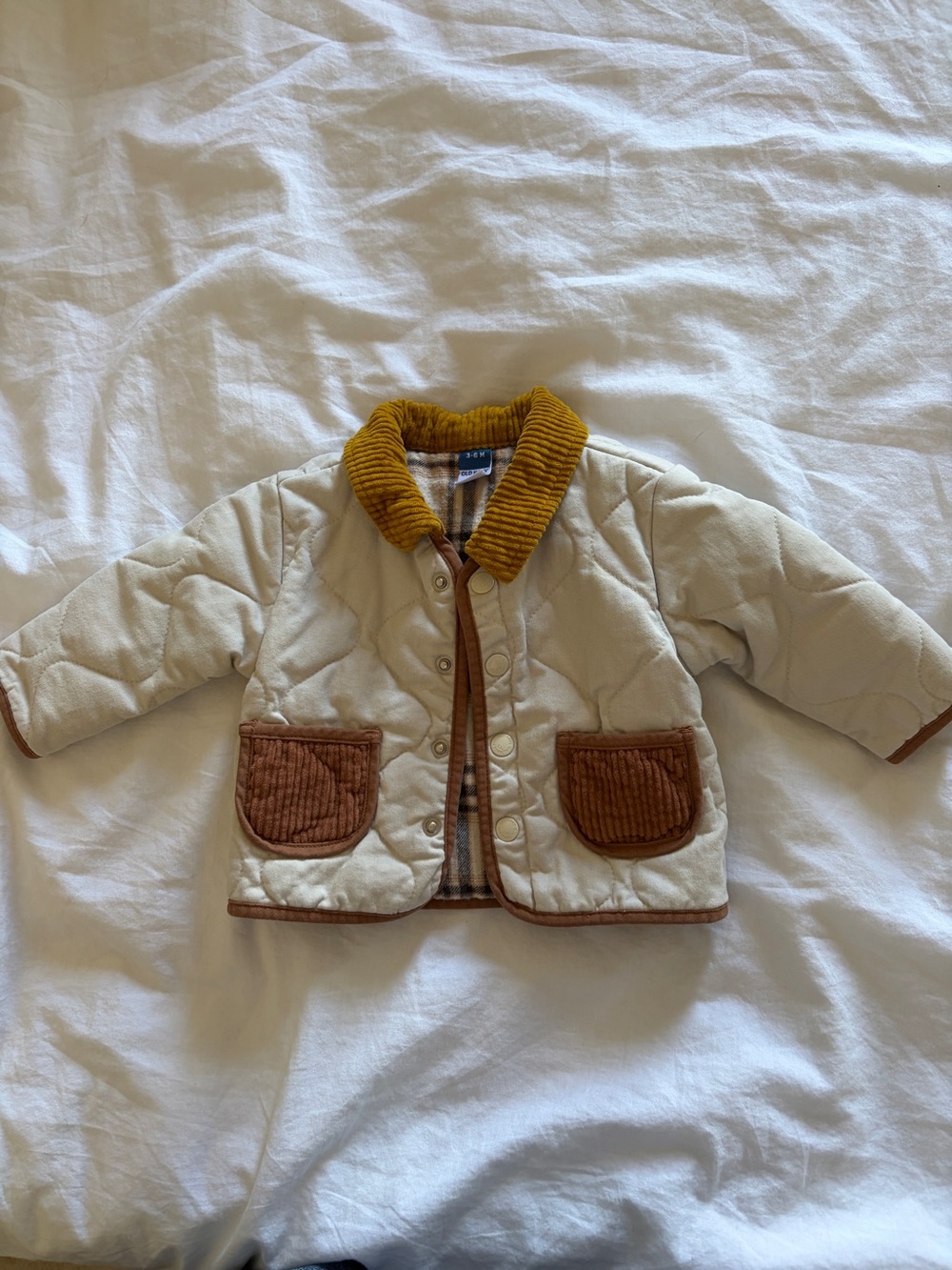 Baby Old Navy Quilted Cream Jacket with Mustard Collar and Brown Trim